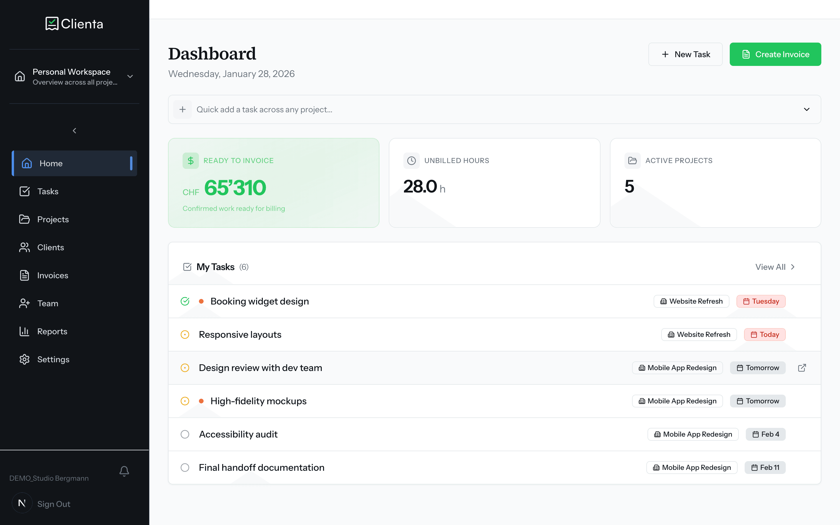 Clienta dashboard showing tasks, unbilled hours, and ready to invoice amounts